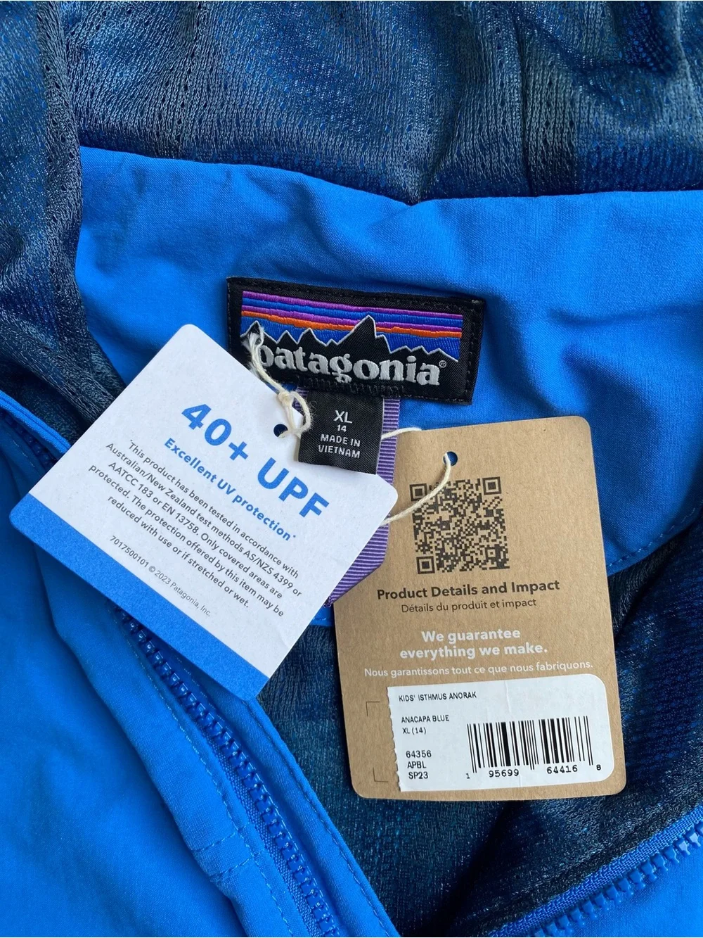 NWT Patagonia Kids Isthmus Anorak Hooded Jacket Blue Purple Size XL 14 40+ UPF
